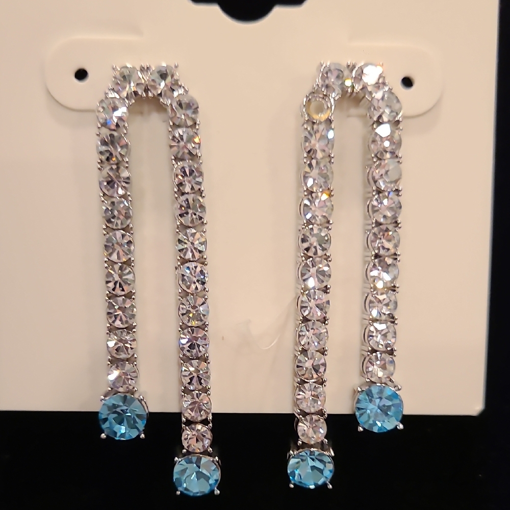 On 34th Elegant Silver and Blue Crystal Drop Earrings